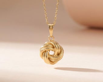 14K Solid Gold Love Knot Necklace, Minimalist Knot Jewelry, Dainty Interlocked Infinity Pendant, Symbolic Gold Necklace, Birthday Gift