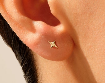 Helix Piercing, 14K Solid Gold North Star Kite Stud Earring, Flat Back Labret, Tragus Cartilage Earring, Dainty Single or Pair
