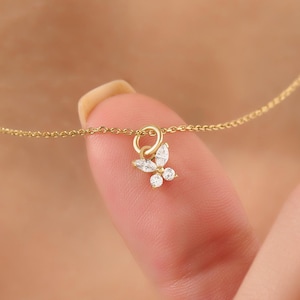 14k Solid Gold Dainty Butterfly Pendant Necklace, Tiny CZ Diamond Charm for Women, Handmade Real Gold Gift Necklace for Daughter or Her