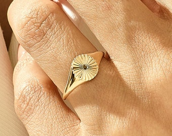 Anillo de sello de oro macizo, anillo de sol de oro de 14 k para mujer, anillo meñique minimalista, anillo de banda celestial, anillo de ráfaga de sol, anillo de declaración de oro real