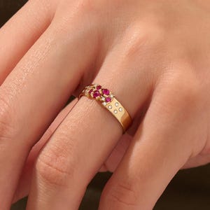 14k Solid Gold Ruby Wedding Band, 4.5mm Thick Comfort Fit Ring, Ruby Cluster Band Women, Heavy Gold Statement Jewelry, July Birthstone Gift