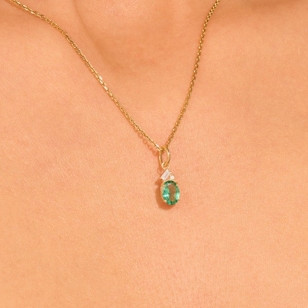 Solid Gold Emerald Pendant 14k Gold Oval Crystal Necklace Women May Birthstone Pendant Green Gem Pendant Yellow Gold Rose Gold White Gold