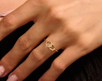 14k Gold Promise Ring, Solid Gold Love Knot Ring, Womens Dainty Gold Ring, Unique Gold Statement Ring, Interlocking Circles Ring
