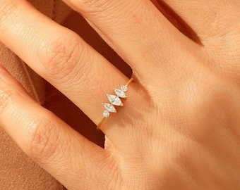 Solid Gold Marquise Engagement Ring 14k Gold Tiny Promise Ring for Women Simple Diamond Cz Ring Dainty Gold Wedding Bridal Band Ring