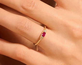14k Gold Oval Ruby Ring, Solid Gold Slim Dome Ring, Minimal Statement Ring for Women, Pink Gemstone Tiny Pinky Ring, Ruby Signet Ring