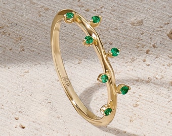 Emerald Stacking Ring Solid Gold, Dainty Minimalist May Birthstone Ring, Gift for Women