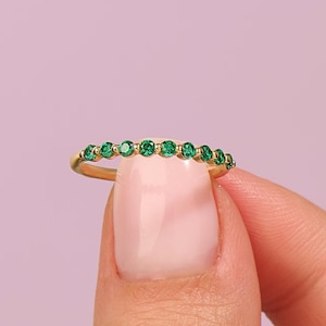 14k Solid Gold Emerald Stacking Ring – Minimalist Half Eternity Band for Women, Green Wedding Ring,Layering Lab Created Emerald Fine Jewelry