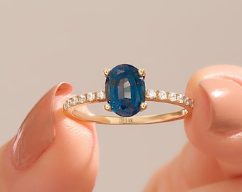 14k Gold Oval Sapphire Solitaire Ring, Blue Sapphire Engagement Ring ,Solid Gold September Birthstone Ring,Lab Sapphire with Cz Diamond Ring