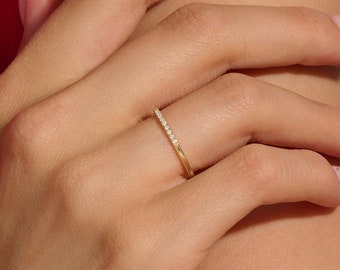 14k Gold Ultra Thin Wedding Ring, Solid Gold Simple Stacking Ring Women, Half Eternity Diamond Cz Matching Ring,Minimalist Slim Ring