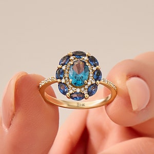Solid 14k Gold Sapphire Cocktail Ring – Chunky Blue Statement Ring for Women, September Birthstone Jewelry, Bold Gift for Her