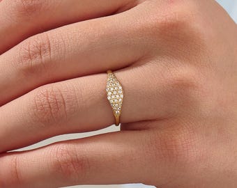 14k Solid Gold Pave Dome Ring, Glittering Fine Diamond Signet Band, Statement Chunky Pinky Ring, Unique Luxury Bridal Jewelry