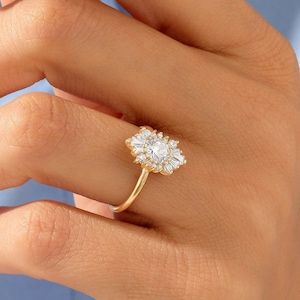 14k Solid Gold Art Deco Engagement Ring Vintage Halo Sunburst Ring for Women Unique Diamond CZ Non Traditional Bridal Jewelry Gift for Her