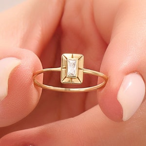 14k Solid Gold Pinky Ring for Women • Vintage Baguette Diamond Signet Ring • Stackable Geometric Band in Yellow, Rose, or White Gold