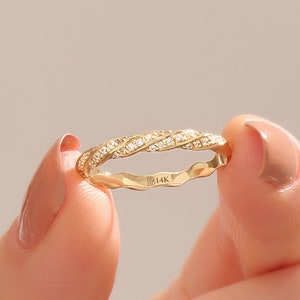 14k Gold Twisted Wedding Ring, Womens Solid Gold Half Eternity Ring, Pave Cz Diamond Stacking Ring, Braided Mobius Gold Band,Minimalist Ring