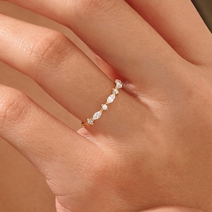Brennmore Marquise Wedding Band Ring Women 14K Solid Gold Half Eternity Rings Dainty Promise Ring for Her Birthday Ring Gift for Girlfriend