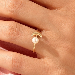 Pearl Crescent Moon Ring,  14k Solid Gold Celestial Ring, Tiny Pearl Promise Ring Women, Dainty Moon Phase Statement Ring