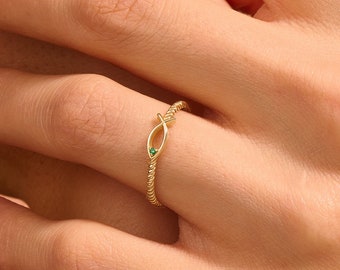 14k Twisted Band Ichthus Ring,Solid Gold Statement Ring Band, Delicate Christian Rings for Women, Tiny Emerald Fish Ring, Yellow Rose White