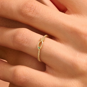 14k Twisted Band Ichthus Ring,Solid Gold Statement Ring Band, Delicate Christian Rings for Women, Tiny Emerald Fish Ring, Yellow Rose White