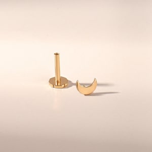 14k Solid Gold Moon Stud Piercing, Ladies Crescent Piercing, Delicate Helix Studs, Minimalist Tragus Earrings, Handmade Earlobe Studs