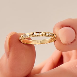 14k Solid Gold Art Deco Wedding Band Vintage Wedding Ring Pave Diamond Ring Eternity Band for Women 18kt Milgrain Band Ring Dainty Jewelry