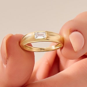 14k Thick Engagement Ring, Solid Gold Anniversary Band, Womens Emerald Cut Bezel Diamond Cz Ring, Dome Signet Ring with Stone, Gift for Her