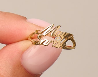 Personalized Two Name Ring, 14k Solid Gold Dainty Script Name Ring, Double Name Ring, Baby Kids Name Ring for Mothers, Custom Gifts for Her