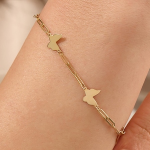 14k Solid Gold Butterfly Charm Bracelet for Women, Dainty Link Chain Jewelry, Stackable 14 Karat Gold Everyday Bracelet Gift for Her