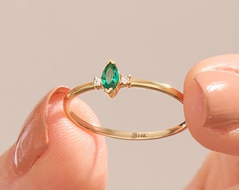 14k Gold Basic Emerald Ring, Solid Gold Green Solitaire Ring, Women Tiny Marquise Emerald Ring, Dainty May Birthstone Ring, Minimalist Ring