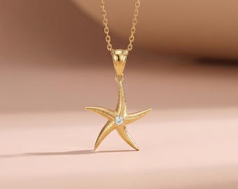 14K Solid Gold CZ Starfish Necklace, Dainty Pave Ocean Pendant, Minimalist Summer Jewelry, Tiny Sea Star Charm, Gift for Her