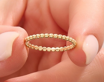 14k Solid Gold Beaded Stacking Ring for Women, Dainty Slim Eternity Band, Minimalist Real Gold Thumb Ring 18k Midi Ring, Bridesmaid Gift
