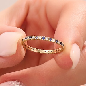 14k Solid Gold Sapphire Wedding Band Eternity Ring for Women Thin Stacking Ring Blue Gemstone Ring Minimalist Diamond and Sapphire Ring Gift