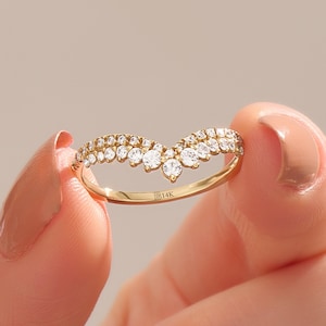 14k Solid Gold Curved Wedding Ring Chevron Diamond Ring V Shaped Ring Enhancer for Pear Tiara Wedding Band Half Eternity Ring Gift for Her