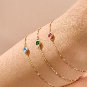 14k Solid Gold Birthstone Bracelet – Personalized Bezel Gemstone Jewelry for Women, Custom Thin Gold Chain Bracelet, Meaningful Gift for Her