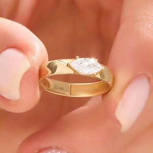 14k Solid Gold Thick Band Engagement Ring Marquise Solitaire Ring East West Diamond Ring Marquise b Jewelry Gift Wife Wedding Anniversary