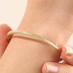 14k Solid Gold Bangle Bracelet for Women, Real Yellow Gold Semi Hollow Cuff, Dainty 14 Karat Jewelry Gift for Her, Everyday Gold Bracelet