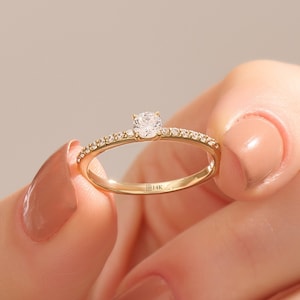 Solid Gold Engagement Ring, Dainty Solitaire Ring, Minimalist Diamond Ring, Women Gold Ring, Promise Ring for Her, Gift for Wife