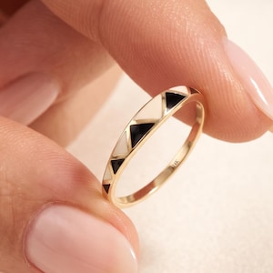 Black White Enamel Signet Ring, 10K 14K Solid Gold Geometric Pinky Band for Women