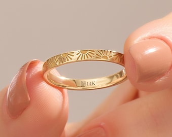 14k Solid Gold Sun Engraved Wedding Band, Dainty Sunshine Eternity Ring for Her, Minimalist Handmade Gold Marriage Ring Gift Idea for Women