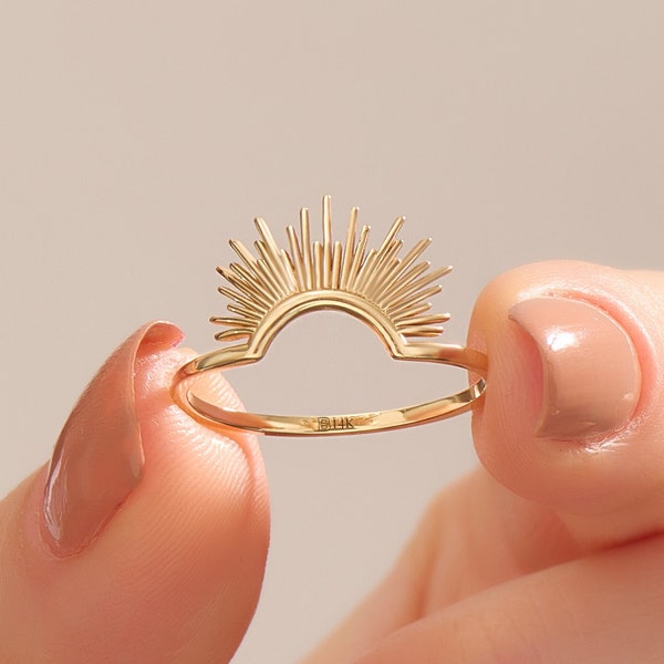 14k Gold Sunshine Ring, Solid Gold Sun Stacking Ring, Womens Sunburst Curved Wedding Ring, Minimalist Ring Enhancer for Solitaire Rings