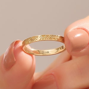 14k Solid Gold Sun Engraved Wedding Band, Dainty Sunshine Eternity Ring for Her, Minimalist Handmade Gold Marriage Ring Gift Idea for Women