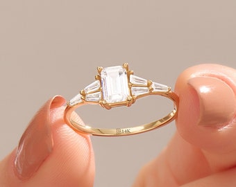 14k Gold Emerald Cut Engagement Ring, Solid Gold Art Deco Ring, Womens Baguette Solitaire Ring, Lab Diamond Cz Anniversary Ring, Handmade