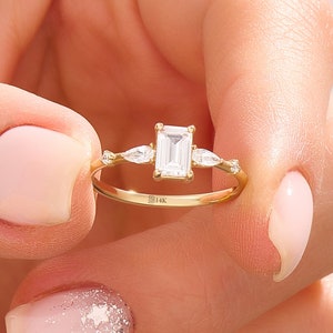 14k Solid Gold Baguette CZ Engagement Ring – Dainty Minimalist Solitaire Band, Handmade Bridal Jewelry, Anniversary Gift for Her