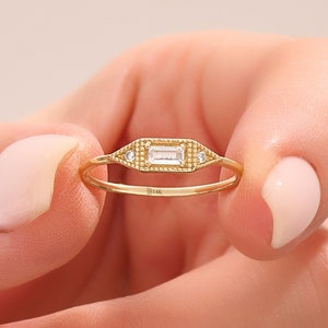 14k Solid Gold Vintage Baguette Ring for Women Pinky Ring Signet Ring Baguette Diamond Ring Dainty Stackable Gold Ring Gift for Her