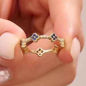 Solid Gold Tiny Sapphire Ring, 14k Blue Flower Wedding Ring, Pave Eternity Stackable Ring, Small Cross Stack  Ring, Minimalist Sapphire Ring