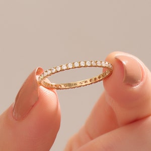 14k Solid Gold Eternity Wedding Ring, Ultra Thin Pave Stacking Band for Women, Delicate Minimalist Infinity Ring Enhancer Gift