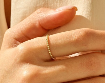 14k Gold Ultra Thin Ring, Solid Gold Beaded Ring, 1mm Gold Wedding Ring, Dainty Stacking Ring, Simple Gold Ring, Delicate Bubble Ring