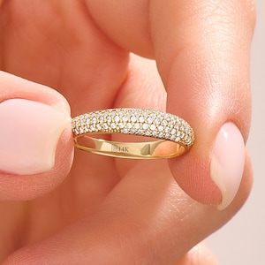 Pave Diamond Wedding Band, 14K Solid Gold Dome Rings for Women, Dainty Cz Ring, Minimalist Stackable Ring in Real Yellow Rose White Gold