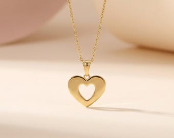 14K Solid Gold Heart Necklace, Open Heart Pendant, Dainty Cutout Heart Charm, Minimalist Romantic Jewelry, Anniversary Gift for Girlfriend