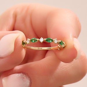 Emerald Wedding Band 14K Solid Gold Eternity Rings Women Dainty Stacking Ring Green Gemstone Ring Wedding and Engagement Gifts