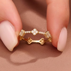 14k Gold Flower Wedding Ring, Solid Gold Eternity Ring Women, Pave Diamond Cz Stackable Ring, Minimalist Cross Band Ring, Dainty Gold Ring